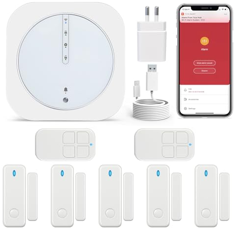Umeima Kabelloser Hausalarm, 9 Stück, WLAN-Hausalarm mit Sirene, 5 Sensoren für Tür und Fenster, 2 Fernbedienungen, mit App, erweiterbar, für Zuhause, Wohnmobil, Wohnung, Garage, Büro