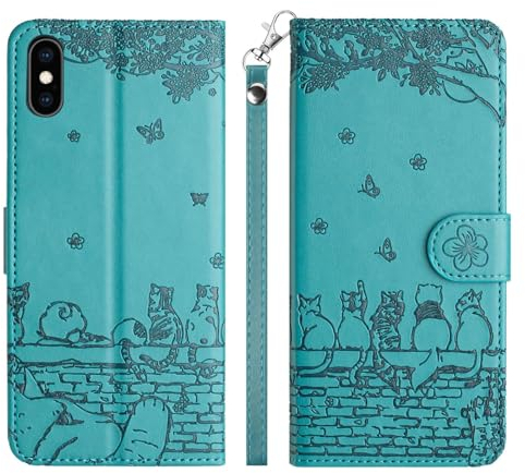 Generic Case for iPhone X/XS Phone Case, Embossed Cute Cats PU Leather Flip Case with Card Holder and Magnetic Closure, Blue