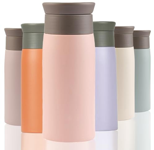 Thermal Flask for Hot Drink, 350ml Coffee Cup Travel Mug, Insulated Travel Coffee Mug, Stainless Steel Water Bottle with Filter, Leak-Proof with Hygienic Drink Opening (Light Pink)