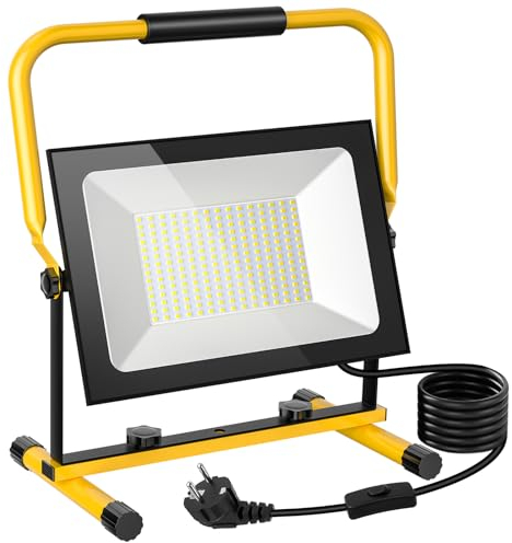 Foco de construcción LED 200W con interruptor de enchufe | lámpara para obra Foco para obra blanco frío 6500K | Lámpara impermeable luz 200W 100W 50W IP66 para el sitio de trabajo taller