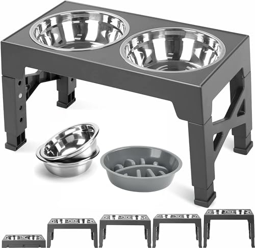 TUAHOO Raised Dog Bowl for Small Medium Large Dogs, 5 Height Adjustable Stand, Pet Feeder with 2 Stainless Steel Dishes &1 Slow Feeder Bowl, Dog feeding station