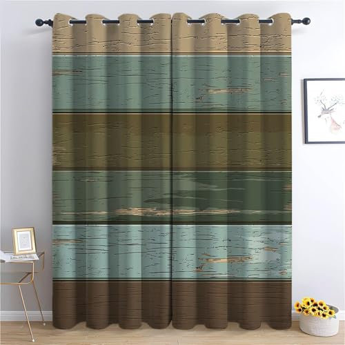 Verdunklungsvorhänge Gardinen mit Ösen Blickdichte Vorhänge Lärmschutzvorhang für Kinderzimmer Thermo Gardinen mit Braunes, Grünes Und Blaues Altes Holzbrett Muster, 215 x 110 cm (HxB), 2er Set