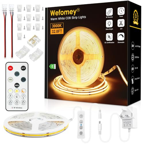White COB Led Strip Lights with RF Remote, 10m Dimmable Ultra Bright 3000K Warm White LED Strip, Adhesive Indoor LED Lights for Bedroom, Kitchen, Under Cabinet DIY Lighting, 1 Roll of 10m