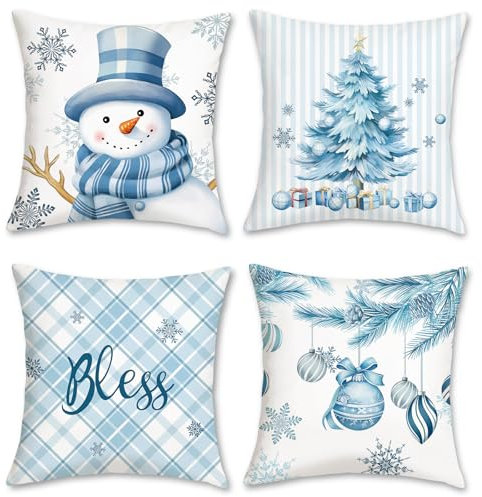 Bonhause Fundas Cojines Navidad Invierno 45 x 45 cm Funda de Almohada Muñeco de Nieve Árbol de Navidad Copos de Nieve Azul Cojines Decorativos para Sofá Cama Hogar Juego de 4