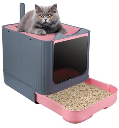 OHMG Bac a Litiere pour Chat avec Pelle,Fermé Maison de Toilette pour Chat,Rebords Amovibles,Anti-Fuite,pour Chats Adultes,Chatons,Lapins,sans BPA,Ouverture en Haut,Plateau Amovible