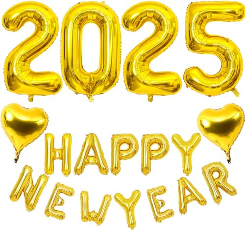 Décorations « Happy New Year 2025 » - 81,3 cm - Bannière dorée avec lettres « Happy New Year » - Ballons en aluminium avec ballons en forme de cœur - Fournitures de fête du Nouvel An 2025 pour bal de