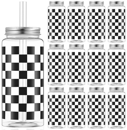 Patelai 12 Pack Race Car Cups 13.5 oz Plastic Tumbler with Lid and Straw Checkered Flag Party Supplies Clear Black Plaid Reusable Cups for Race Car Birthday Sports Themed Party Supplies
