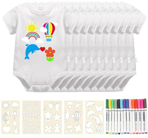 LAMEK 10 Stück Babybody zum Bemalen Weiße Baby Lätzchen 39x28cm Lätzchen zum Bemalen für Babyparty mit 14 Textilstiften 5 Malen Schablonen Babylätzchen Geschenk für Babyparty Spiele Babyshower
