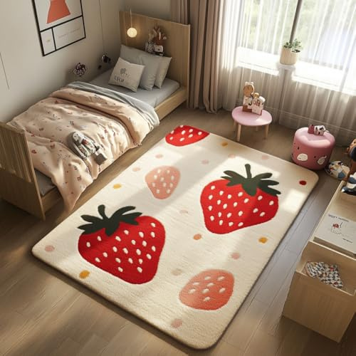 Nyescasa Teppich Kinderzimmer Rot Erdbeeren Kurzflor Modern Weich Wohnzimmer Teppich für Schlafzimmer Wohnzimmer Flur Kinder Mädchen Rechteckig rutschfest Teppiche aus Kaschmirimitat 80x120cm