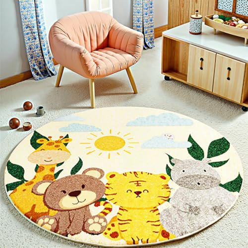 Tospass Kinderzimmer Teppich Weicher Kunstwolle Tierdruck Rund Waschbarer Kinderteppich Spielteppich Wohnzimmer Junge Mädchen Kurzflor rutschfest Teppich, 80 cm Rund