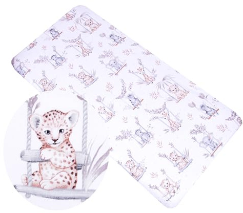 BABYLUX Baby Spannbettlaken für Kinderbett - 100% Baumwolle,60x120 / 70x140 cm weich und bequem, passend für alle Standardmatratzen, (139. Ecru + Tiere auf der Schaukel, 70x140cm)