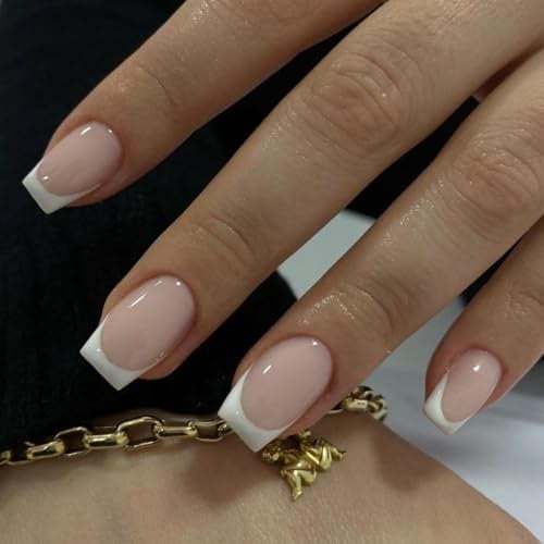 KQueenest 30 Pcs White French Tip Press on Nails Short Square, French Tip False Nails Short Coffin, Custom Thick Acrylic Fake Nails Set Natural Nude Gel Stick on Nail for Women Daily Wedding Wear