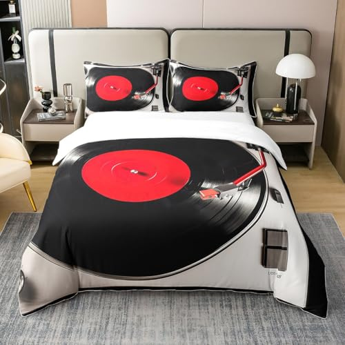 Homewish 100% Baumwolle Vinyl Schallplatte 135x200 Bettbezug,Rot und Schwarz Musik Player Bettwäsche Set für Kinder Kind,Modern Musical Rhythm Tröster Abdeckung,Vintage Country Style Bett Set