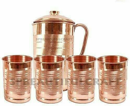 HRS India Wasserkrug aus reinem Kupfer, 2 Liter, Silvertouch-Krug mit 4 Kupfer-Trinkbechern, Glas, 300 ml, Wassertrinkbehälter, Ayurveda, gesundheitliche Vorteile