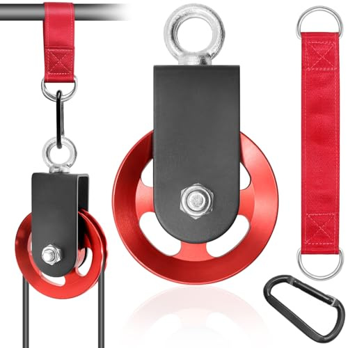 90mm Seilrolle mit U Haltebügel, Alu Umlenkrolle Seilrolle mit U Haltebügel, Seilrolle Umlenkrolle Fitness mit Aufhängeriemen und Karabinerhaken, für Stelseile DIY Gym Fitnessgeräte