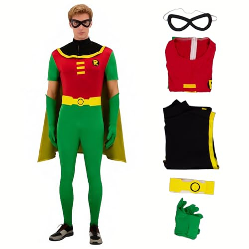 AYYOHON Robin Costume Mens Robin Jumpsuit Adult Superhero Bodysuit Halloween Cosplay Outfits Cloak Gloves Eye Mask Belt Sets
