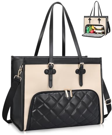 Estarer Laptop Tote Bag with Insulated Lunch Compartment for Women 15.6 Inch PU Leather Briefcase Waterproof Lunch Bag Shoulder Bag for Business, Office, Work