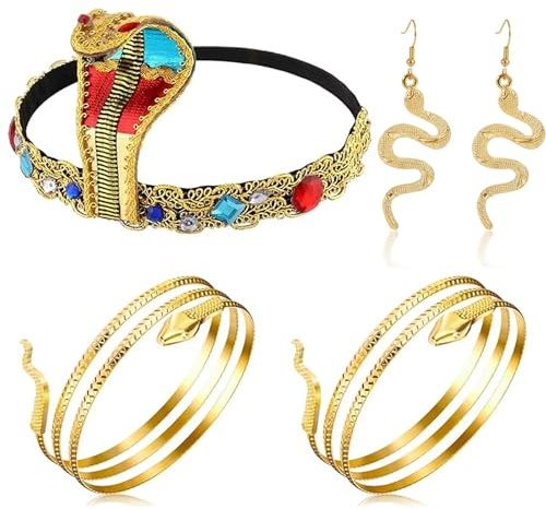 BaiDekun Ägyptisches Kostümzubehörset 5 Stk für Damen - Ägyptischer Kopfschmuck, 2 Schlangenarmmanschetten & 2 Schlangenohrringe, Goldfarben