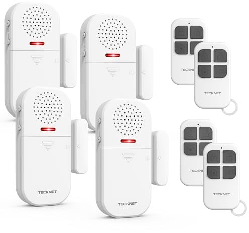 TECKNET Alarma para Casa Inalámbrica, Alarma Casa con Mando a Distancia, Sensor Apertura Puerta con 4 Modos y 5 Niveles de Volumen, 2 en 1 Alarma y Timbre para Hogar, Tienda, Hotel (4PCS)