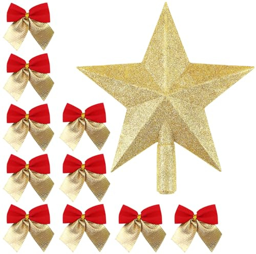 Christmas Tree Topper Star with 10 Pcs Bows,Light Weight Glitter Xmas Top for Celebrating Joyful Moments Nativity Decor Ornament,Xmas Tree Oranment for Home Party Festive Decorations