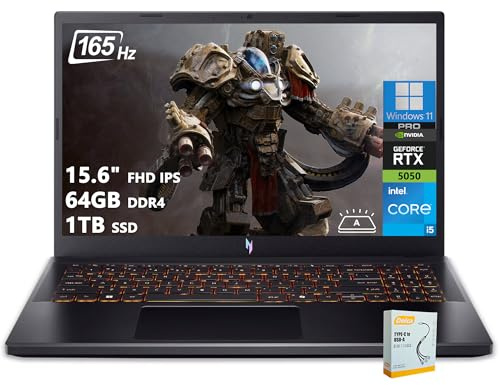 Acer Nitro V 15 Gaming Laptop | 15.6 FHD IPS 165Hz | Intel 8-Core i5-13420H | 64GB DDR4 1TB SSD | GeForce RTX 5050 DLSS4 (Up to 440 AI Tops) | Backlit Keyboard Win11 Pro w/DLCA Accessory