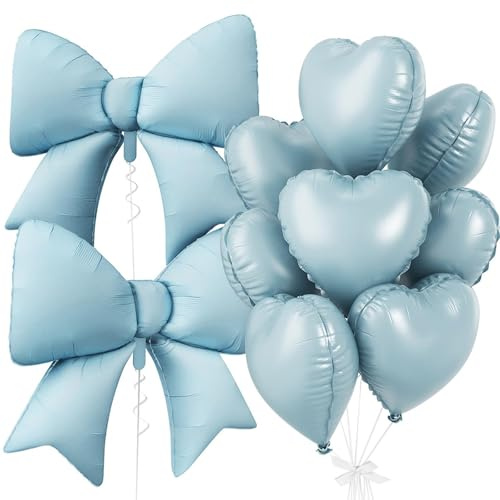 Tourima Blaue Herz & Schleifen Luftballons Set 10 pcs Folienballon Herz & Schleifen Ballon mit Helium, Babyparty Deko Mädchen, Geburtstagsdeko Frauen, Happy Birthday Ballon, Hochzeit Valentinstag Deko