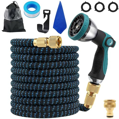 100FT Expandable Garden Hose Pipe - Heavy Duty Metal Flexible Water Hose with 10 Patterns Spray Gun, with 3/4 1/2 Solid Brass Fittings Durable Latex Retractable No-Kink for Outdoor Pet Bathing