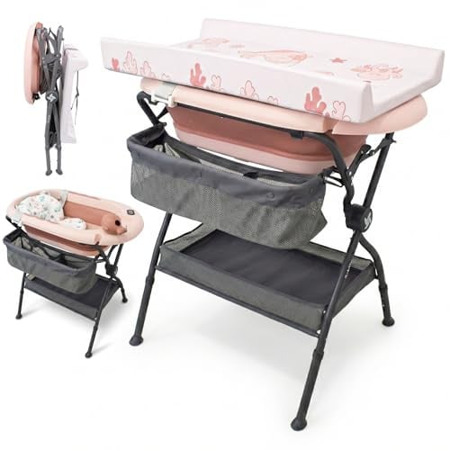 Twinly Bubbly Bañera Cambiador Plegable para Bebé 2 en 1 Ergonómica, Rosa | Altura Regulable, Bañera Extraíble, Desagüe Integrado, Ideal para Baños Pequeños, Incluye Accesorios