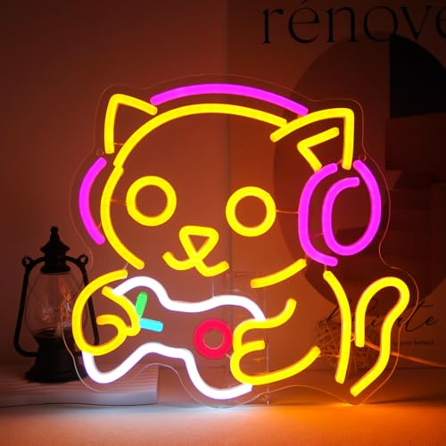 Gamer Katze Neon Schild Dimmbar Gaming Leuchtreklame für Spielzimmer Deko | Acryl Kopfhörer Katze Neonlicht, USB Betrieben, Dimmbar, LED Schild für Kinderzimmer Schlafzimmer Deko Geschenk für Gamer
