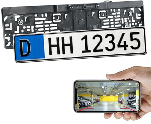 WLDOCA WiFi 5 Rückfahrkamera Kennzeichenhalter, HD 120° Weitwinkel IR Nachtsicht, Foto & Video, IP68 Wasserdicht, Kompatibel mit Android & iOS, für EU/UK Standardkennzeichen (520x110/120mm)