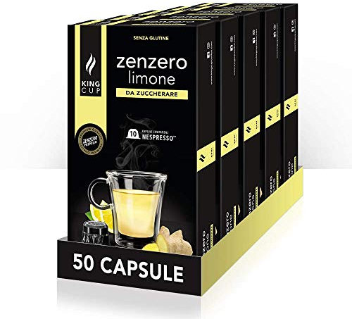 King Cup - 5 Confezioni da 10 Capsule di Zenzero e Limone da Zuccherare, 50 Capsule Compatibili con Sistema Nespresso, Bevanda al Gusto di Limone e Zenzero, Senza Glutine, Senza Lattosio