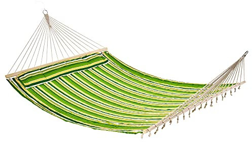 Outsunny Double Cotton Hammock Camping Swing Outdoor Garden Beach Stripe Hanging Bed with Pillow, 188 x 140 cm, 180 KG Capacity, Green