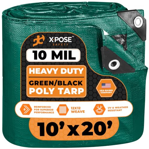 Heavy Duty Poly Tarp 10 Feet x 20 Feet 10 Mil Thick Waterproof, UV Blocking Protective Cover - Reversible Green and Black - Laminated Coating - Grommets - by Xpose Safety