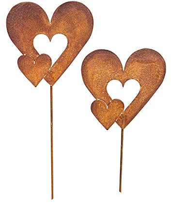 Bornhöft Gartenstecker Herzen Metall Rost Gartendeko Edelrost rostige Beetstecker Topfstecker (Doppelherz Set)