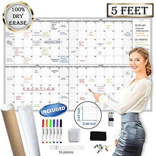 Grand calendrier mural effaçable à sec 152,4 x 96,5 cm, laminé de qualité supérieure, planning de 4 mois vierge non daté, réutilisable et effaçable, classe, bureau, projets et famille