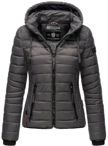 Navahoo Damen Steppjacke XS-XXL leichte Übergangsjacke mit abnehmbarer Kapuze, wasserabweisend, taillierter Schnitt B650 (S,Anthrazit)