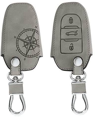 kwmobile Accessoire Clef de Voiture Compatible avec Peugeot Citroen Smartkey (Keyless Go Uniquement) 3-Bouton - Coque de Clé de Voiture en Nubuck - Boussole Gris
