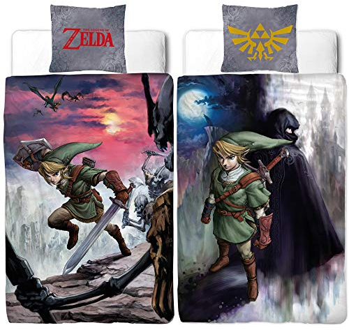 The Legend of Zelda Wende-Bettwäsche Dusk Linon Renforcé 135 x 200 cm + 80 x 80 cm 100% Baumwolle Twilight Princess Hyrule Link Breath of the Wild Kinderbettwäsche deutsche Größe Reißverschluss