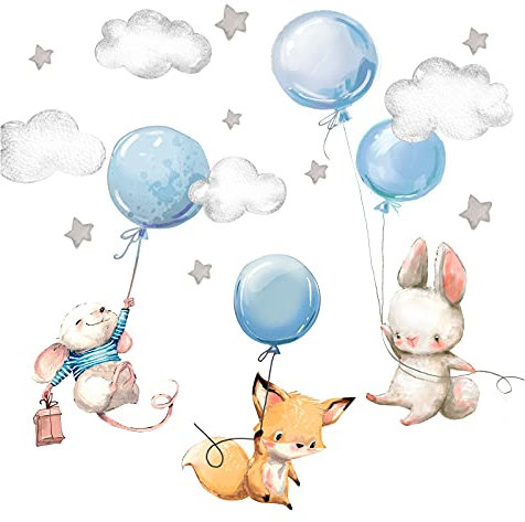 Little Deco Wandtattoo Kinderzimmer Tiere mit Luftballon I Wandbild 100 x 58 cm (BxH) I Sterne Spielzimmer Wandsticker Aufkleber Baby blau Pastell DL539-24