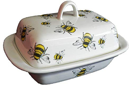 Bees Butter Dish -Cute Bumble Bees Design on Porcelain Butter Dish