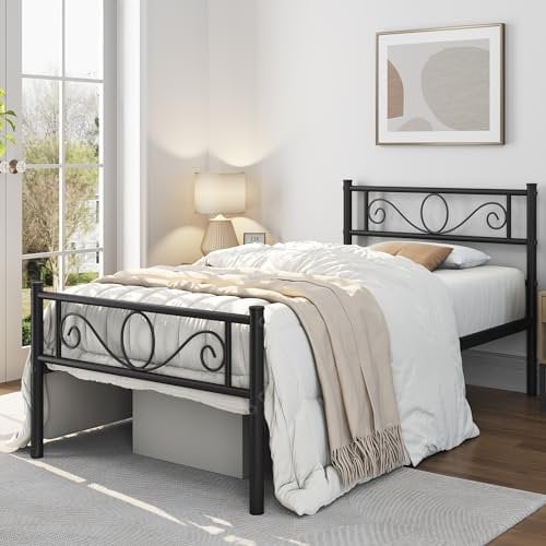 Yaheetech Letto Singolo in Ferro Battuto a Doghe Struttura Letto in Metallo 90 x 190 cm Stile Rustico Moderno Testiera Elegante Nero Portata 136 kg