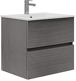 Baikal Mueble de Baño Onyx. Suspendido en Pared, con Lavabo cerámico. Varios Acabados y Medidas. Mueble Montado. 2 CAJONES 70 Ceniza