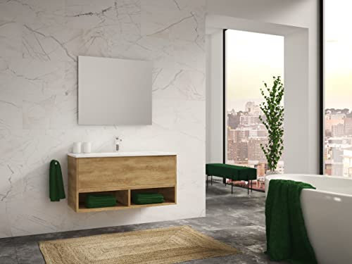 Atrios Modelo Bastet Conjunto Baño Estilo Madera con 1 Cajón, 2 Huecos y Lavabo Porcelánico, Mueble MONTADO, Suspendido en Pared, Laminado Roble, 100 cm