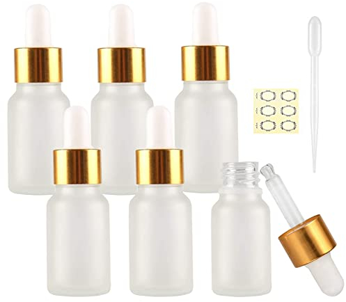Alledomain 6Pcs, 10ml Frosted Clear Glass Bottles with Dropper Pipettes, Empty Dropper Bottle Gold Aluminum Alloy Cap Refillable Sample Container for Essential Oil/Massage Oil/Chemical Liquid