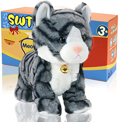 SWTOIPIG Interactive Plush Cat Toys for Kids, Reliable Robotic Electronic Cats Sound and Touch Control, Realistic Soft Plush Toy Cat That Walks and Meow Box, Kitty Toys Gift Gray