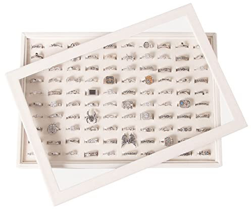 Coward Schmuck-Organizer-Tablett mit Deckel, 100 Schlitz-Ringhalter, stapelbarer Display-Ständer für den Verkauf (beige (100 Schlitz-Ringe + Glasdeckel))