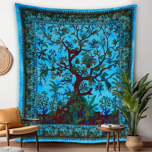 Craft Trade Blau Baum Wandteppich Indische Wandtuch Tapestry Wandbehang Boho Wandteppiche für Heimdeko Wohnzimmer und Schlafzimmer - 76 x 102 cm