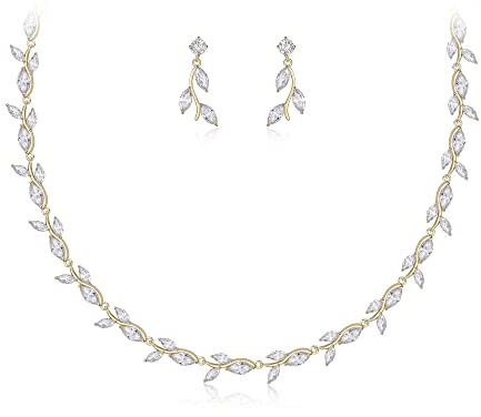 Clearine Zirkonia Schmuckset Blumenblatt Halskette und Baumel Ohrringe Set Damen Hochzeit Brautschmuck Klar Gold Ton