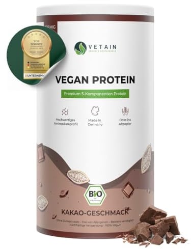 VETAIN Veganes Proteinpulver - Schokolade - 20g Protein pro Portion - 600g - Fünf Premium Protein Quellen - Ohne Allergene & Süßungsmittel - produziert & laborgeprüft in Deutschland