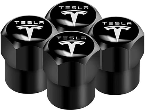 JIGMOD 4 Stück Auto Ventilkappen für Tesla Model 3 Model S Model X, Autoreifen Ventilkappen für Stabilen Reifendruck, Rad Ventilkappen mit Dichtungsring, Auto Zubehör,C Black